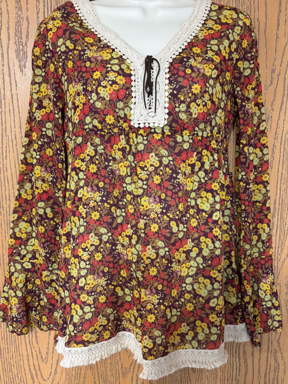 Decree Burgundy Floral Crochet-Trim Tunic with Yellow & Green Flowers